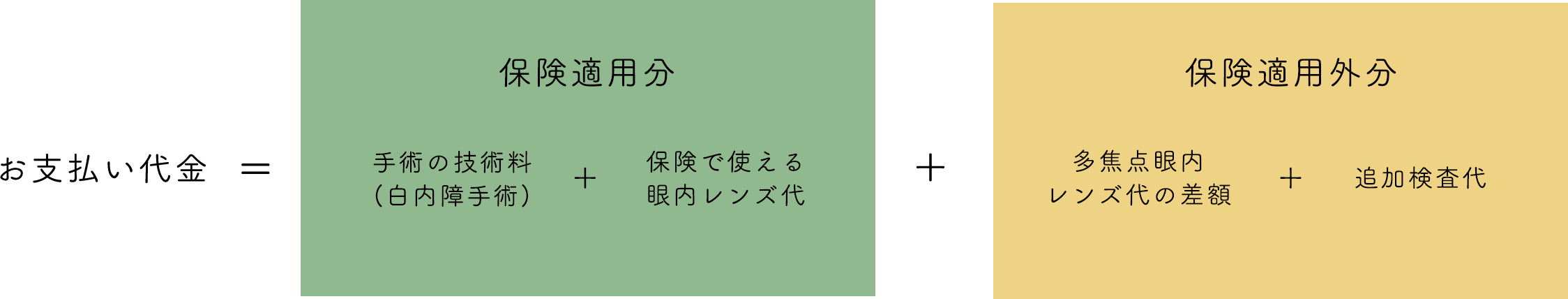 お支払い代金は、保険適用分(手術の技術料+保険で使える眼内レンズ代)と保険適用外分(多焦点眼内レンズ代の差額+追加検査代)です。