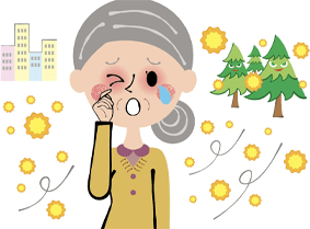 花粉が飛んで女性の目に炎症が起こっているイメージ画像